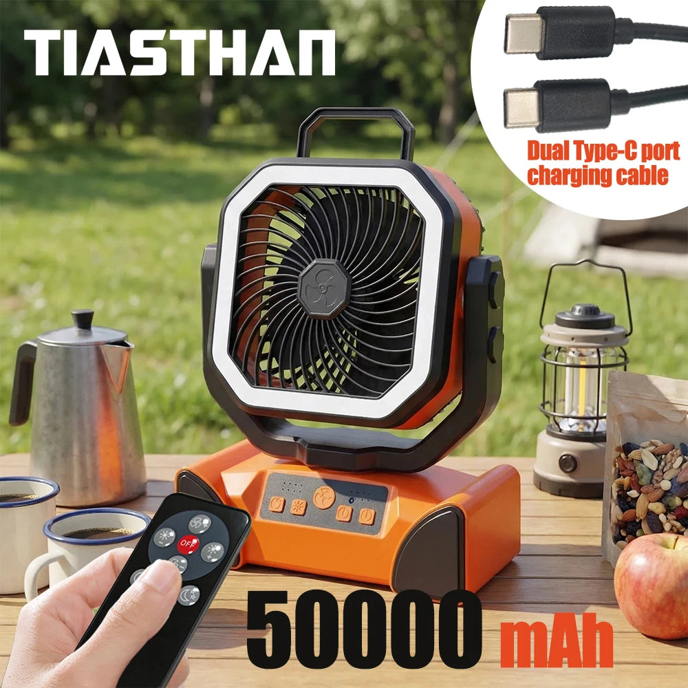 50000mAh Rechargeable Camping Fan with LED Light Remote Control