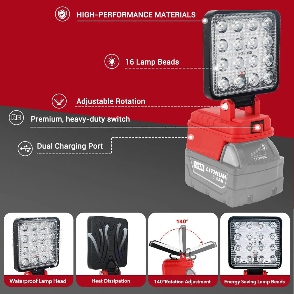 4/5/8 inch Portable LED Lamp Working Light for Milwaukee 18V Battery Cordless Flood Light with dual USB Charging Port
