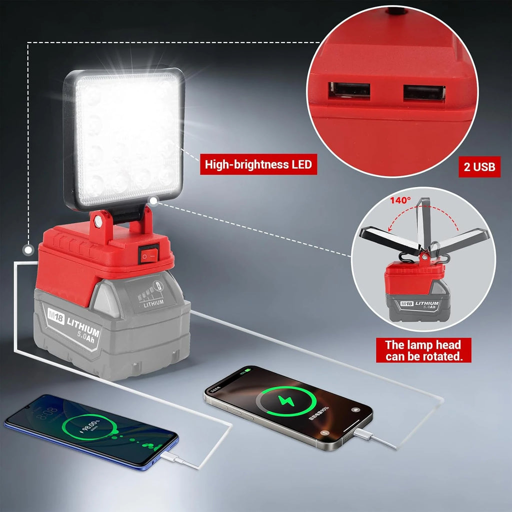 4/5/8 inch Portable LED Lamp Working Light for Milwaukee 18V Battery Cordless Flood Light with dual USB Charging Port