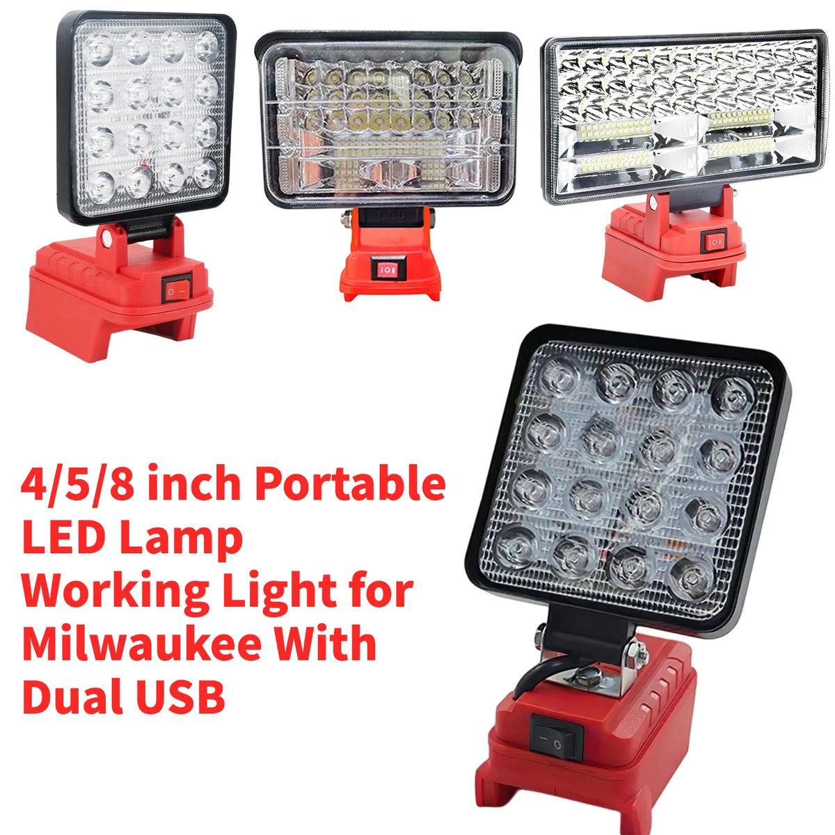 4/5/8 inch Portable LED Lamp Working Light for Milwaukee 18V Battery Cordless Flood Light with dual USB Charging Port