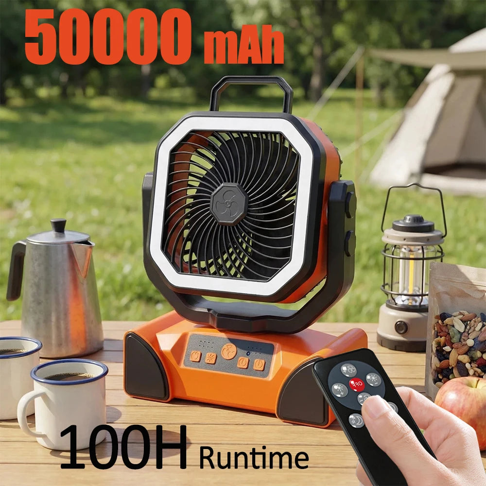 50000mAh Rechargeable Camping Fan with LED Light Remote Control