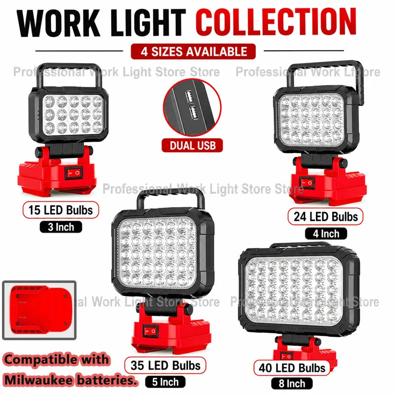 LED Work Light For Milwaukee 18V Battery Cordless Camping Lights Portable Flood Lamp Flashlight Power Tool Accessory