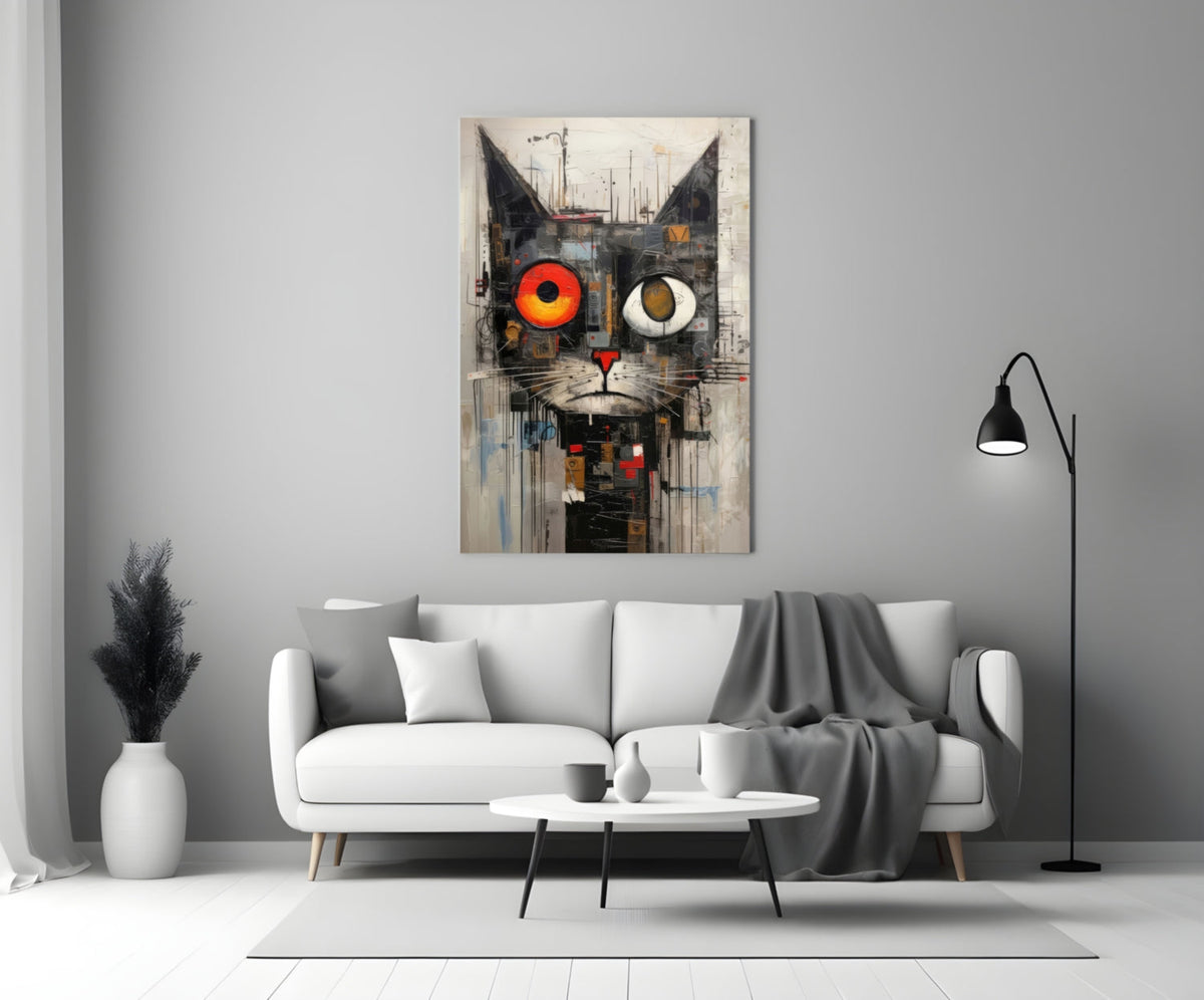Quirky Mismatched Eye Cat Glass Wall Art